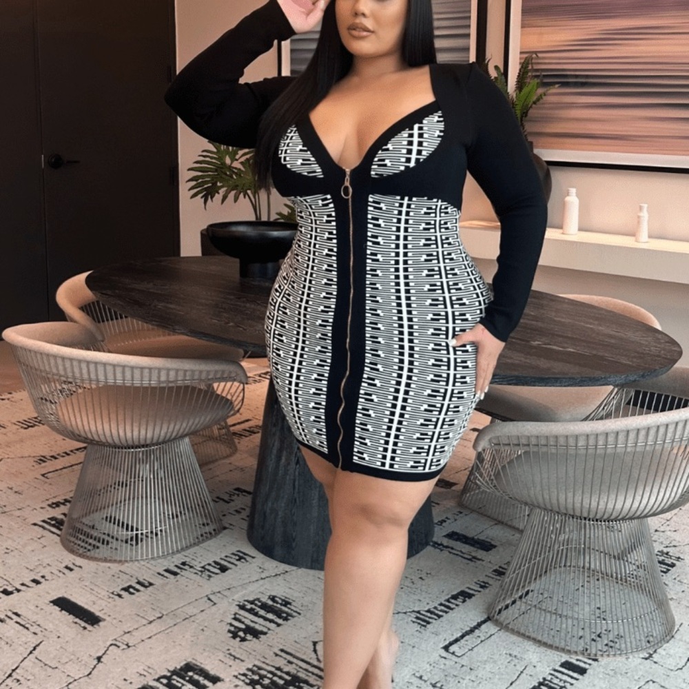 Black and White Bodycon Dress with Long Cuffed Sleeves and Plunge Neckline
